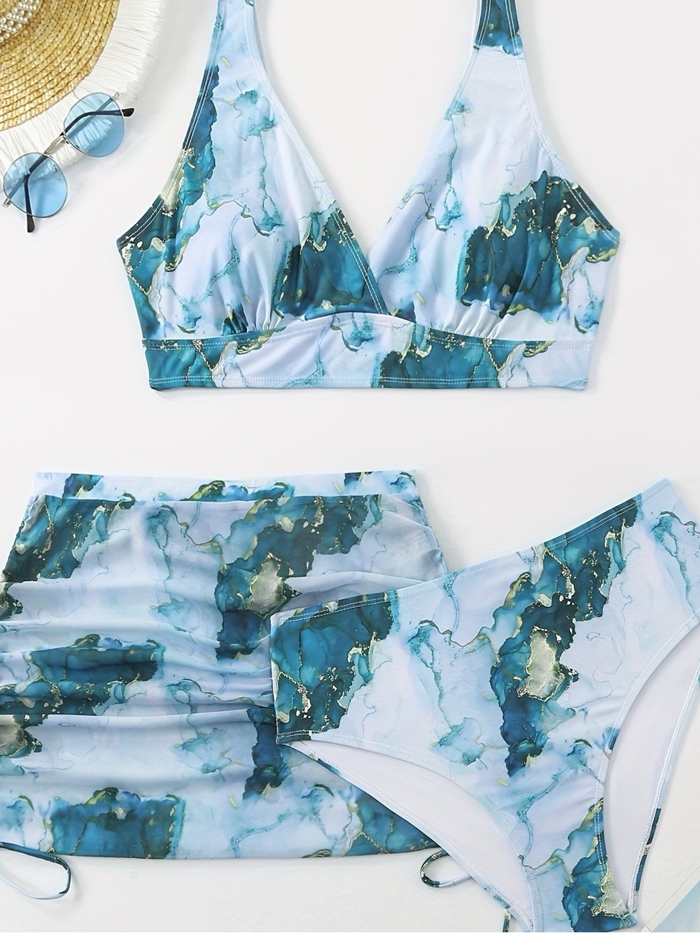3 piece! Blue Marble Print Bikini Set with mesh skirt size 2xl